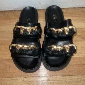 Zara Black and Gold Chain Slides Size 7